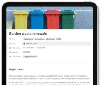 Ipad screen with a Garden waste renewals project page